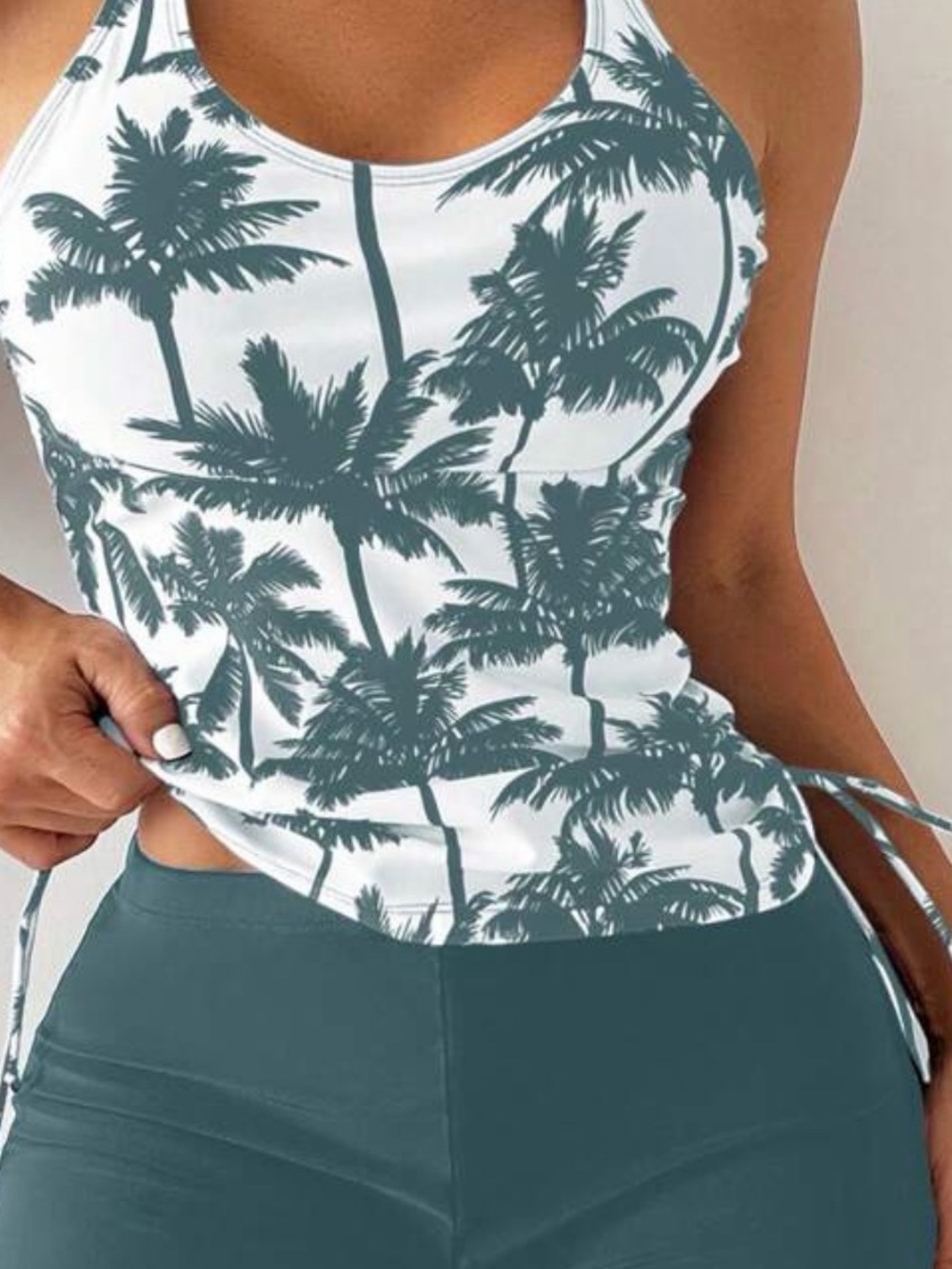 SHEIN Palm-Print Racerback Tank Top - White & Teal